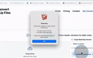 DownConvert demo: upload a SketchUp file, choose a target version, and download the converted file